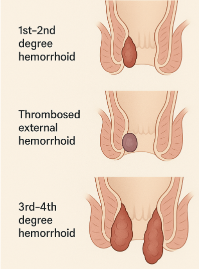 위에서부터: 1-2도 치핵 / 혈전성 외치핵 / 3-4도 치핵